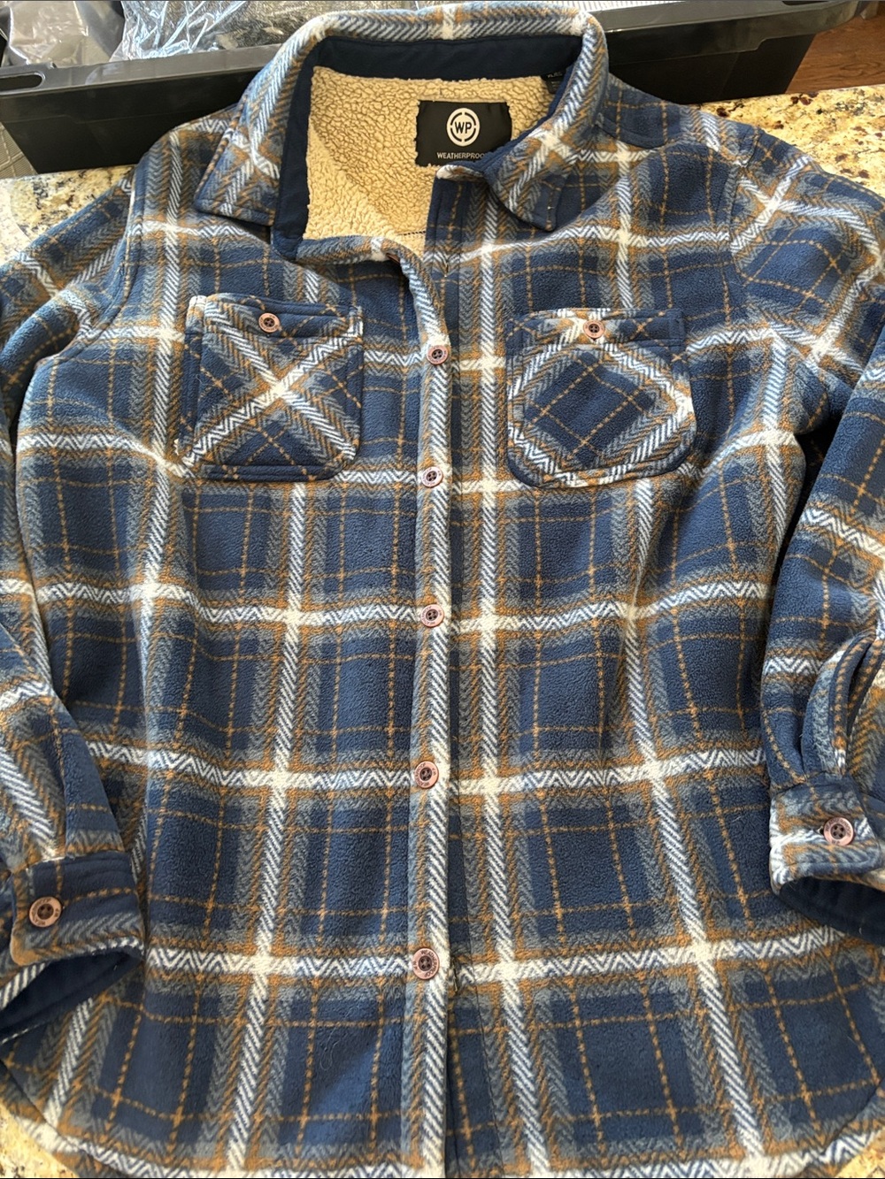 Weatherproof Blue and Brown Plaid Sherpa-Lined Button Down Shirt